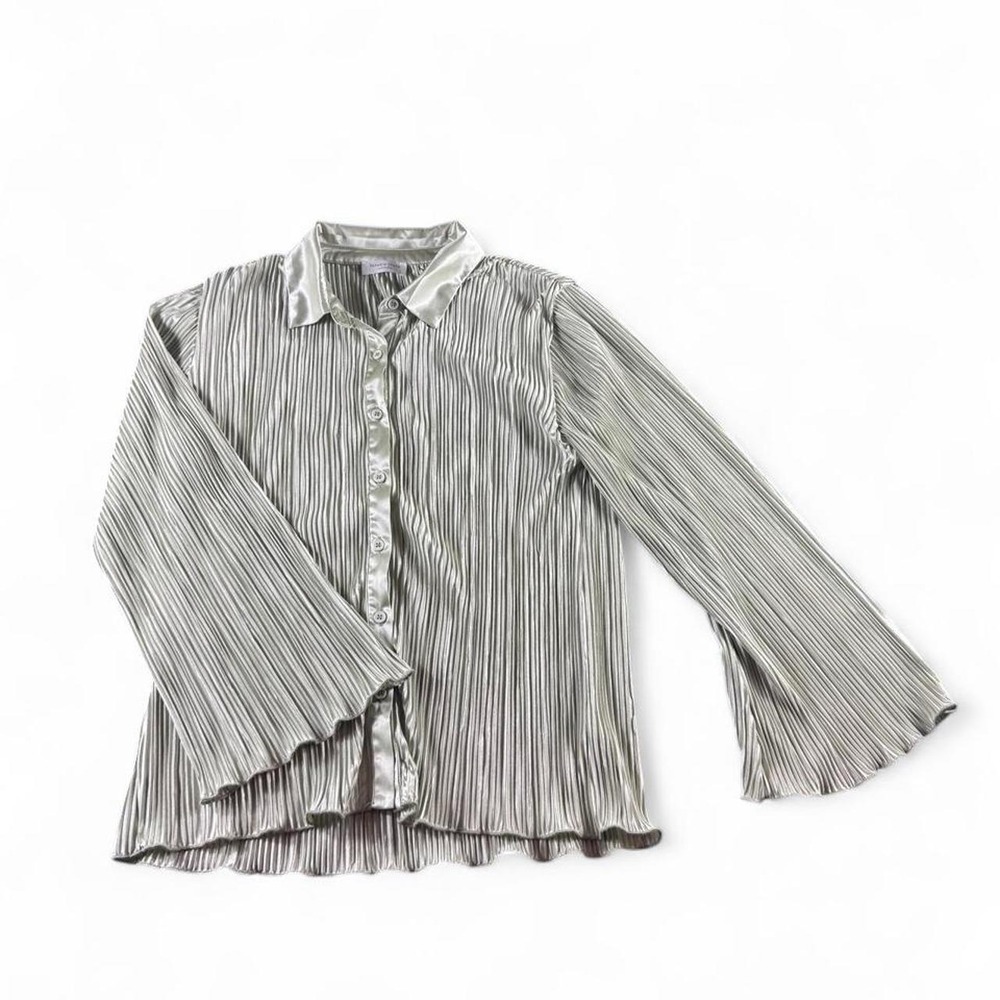 Green Altar'd State Plisse Pleated Long Sleeve Button Up Shirt